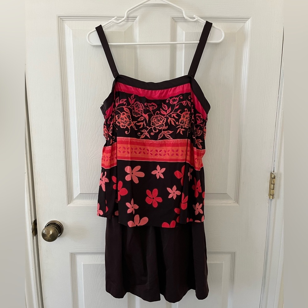 Maxine Black and Red Floral Swimsuit with Under Skirt